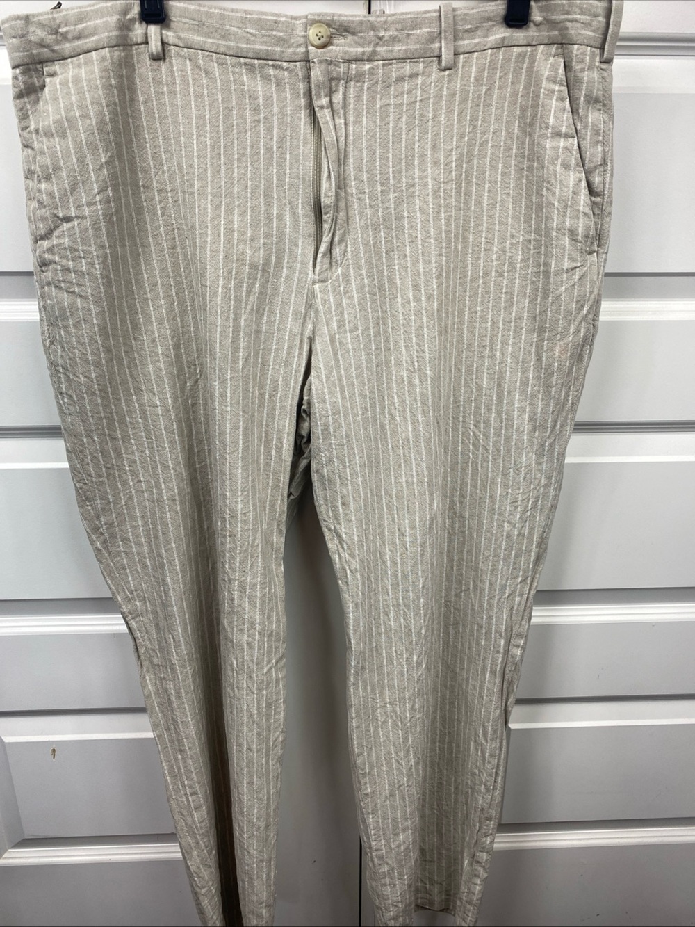 Perry Ellis Men’s Linen Blend Classic Fit Beige White Pinstripe Pants Casual 40